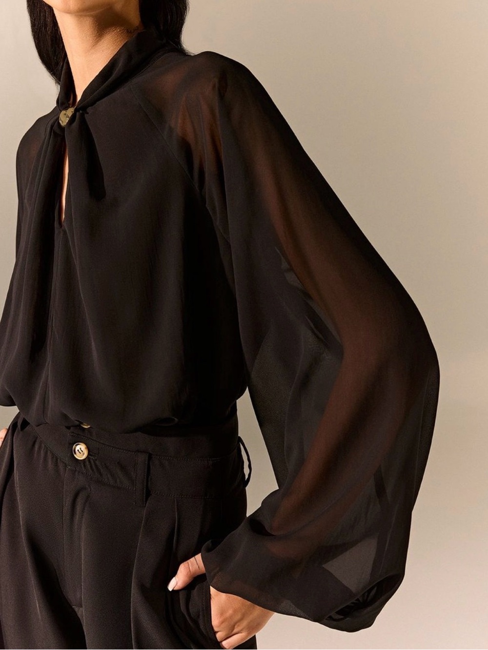 Commense Black Semi-Sheer Chiffon Blouse with Metal Accent - Picture 3 of 7